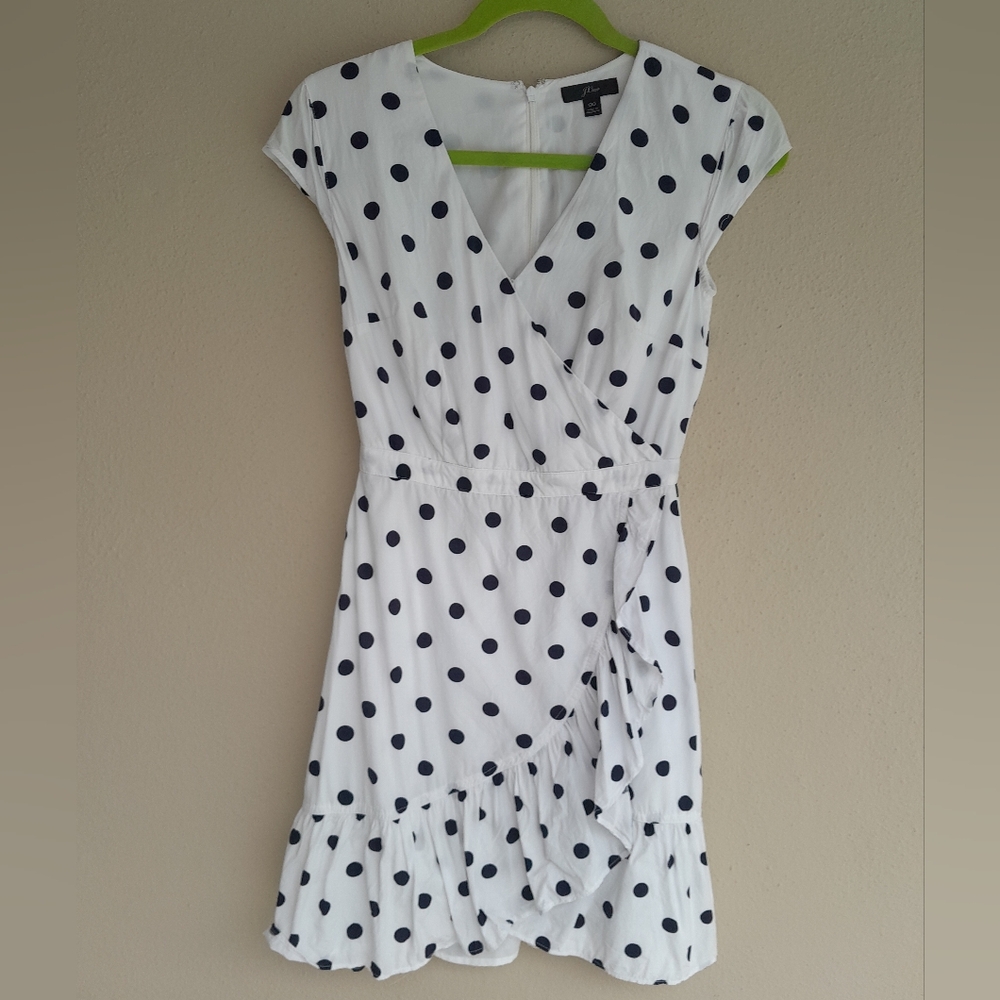 J. Crew Ruffle Front Faux Wrap Mini Dress in White Polka Dot Size 00 - Picture 3 of 9